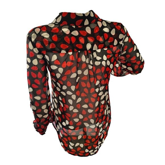 Diane Von Furstenberg 90s Sheer Silk Blouse Women 2 Red White on Black Long Slv - Picture 2 of 13